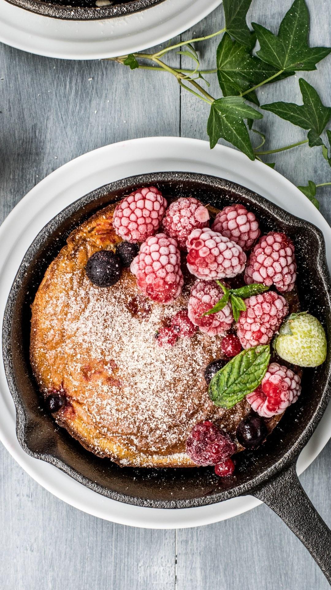 HD wallpaper, Rustic Cast Iron Skillet Cake With Berries And Powdered Sugar, 1080X1920, Dutch Baby Pancake, Xiaomi Redmi Note 4X Wallpaper Free Download