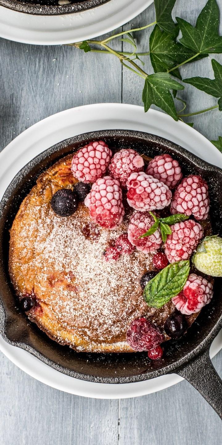 HD wallpaper, Rustic Cast Iron Skillet Cake With Berries And Powdered Sugar, 720X1440, Dutch Baby Pancake, Huawei Y9 2018 Background