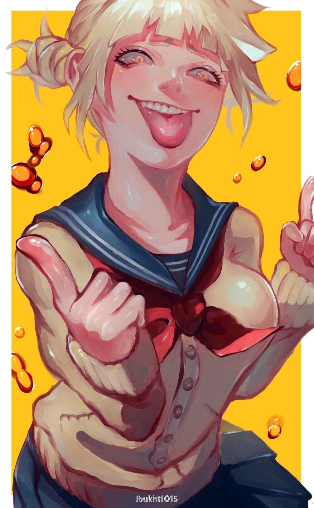HD wallpaper, Tongue Out, Long Hair, 2D, Himiko Toga, Looking At Viewer, Simple Background, Yellow Eyes, Blond Hair, School Uniform, Boku No Hero Academia, Yandere, Fan Art, Digital Art, Vertical, Doodle, Anime Girls