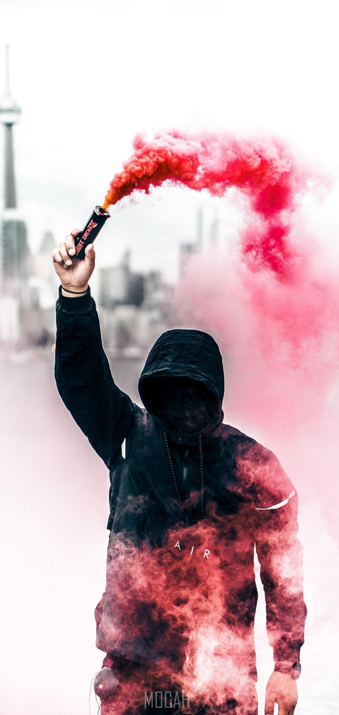 HD wallpaper, Person With Pink Smoke Grenade, 1080X2280, A Person In A Black Hoodie With Obscured Face Holds Up A Pink Smoke Grenade, Huawei Honor 9N Full Hd Wallpaper