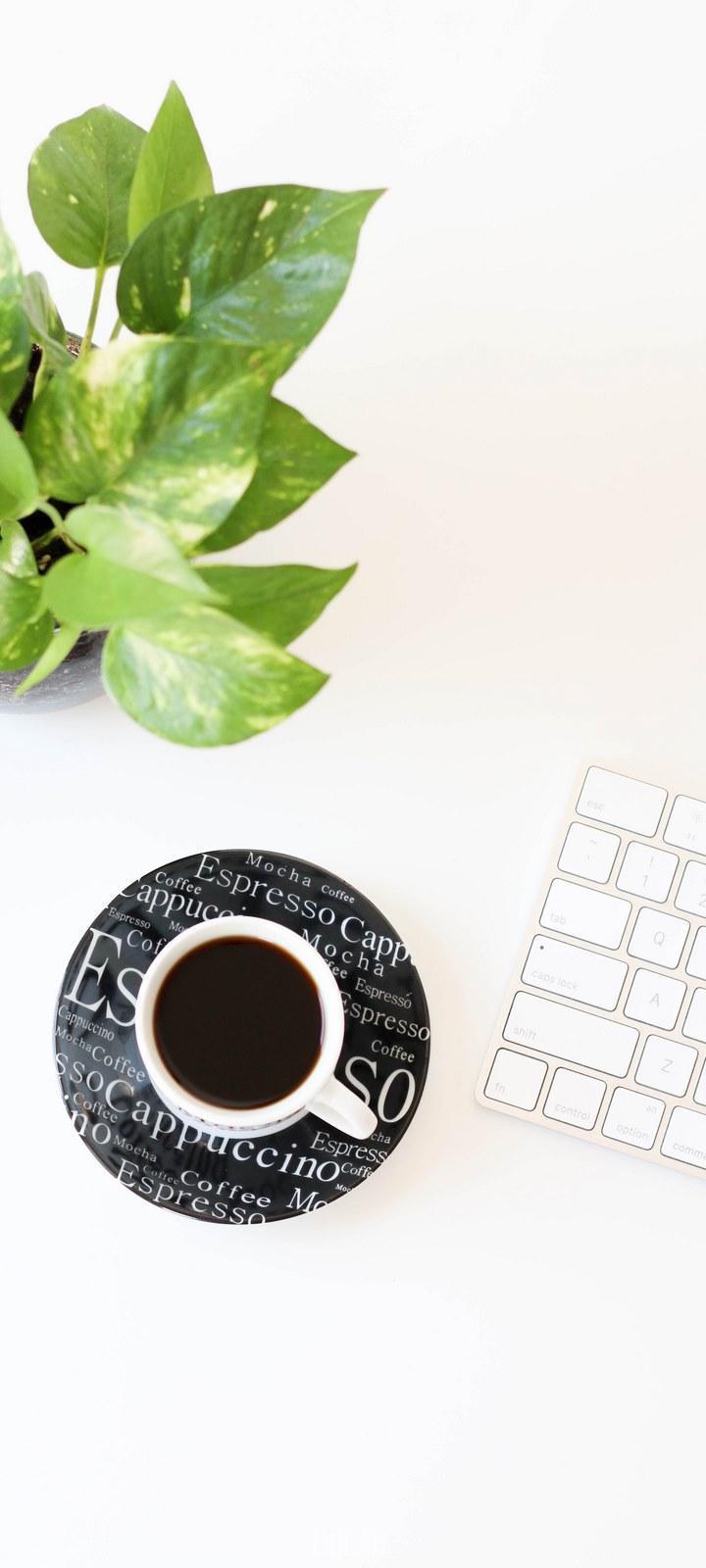 HD wallpaper, A Cup Of Coffee On A Coaster Next To A Green Plant And An Apple Keyboard, Minimal Workspace, 720X1600, Infinix Hot 8 Background Hd