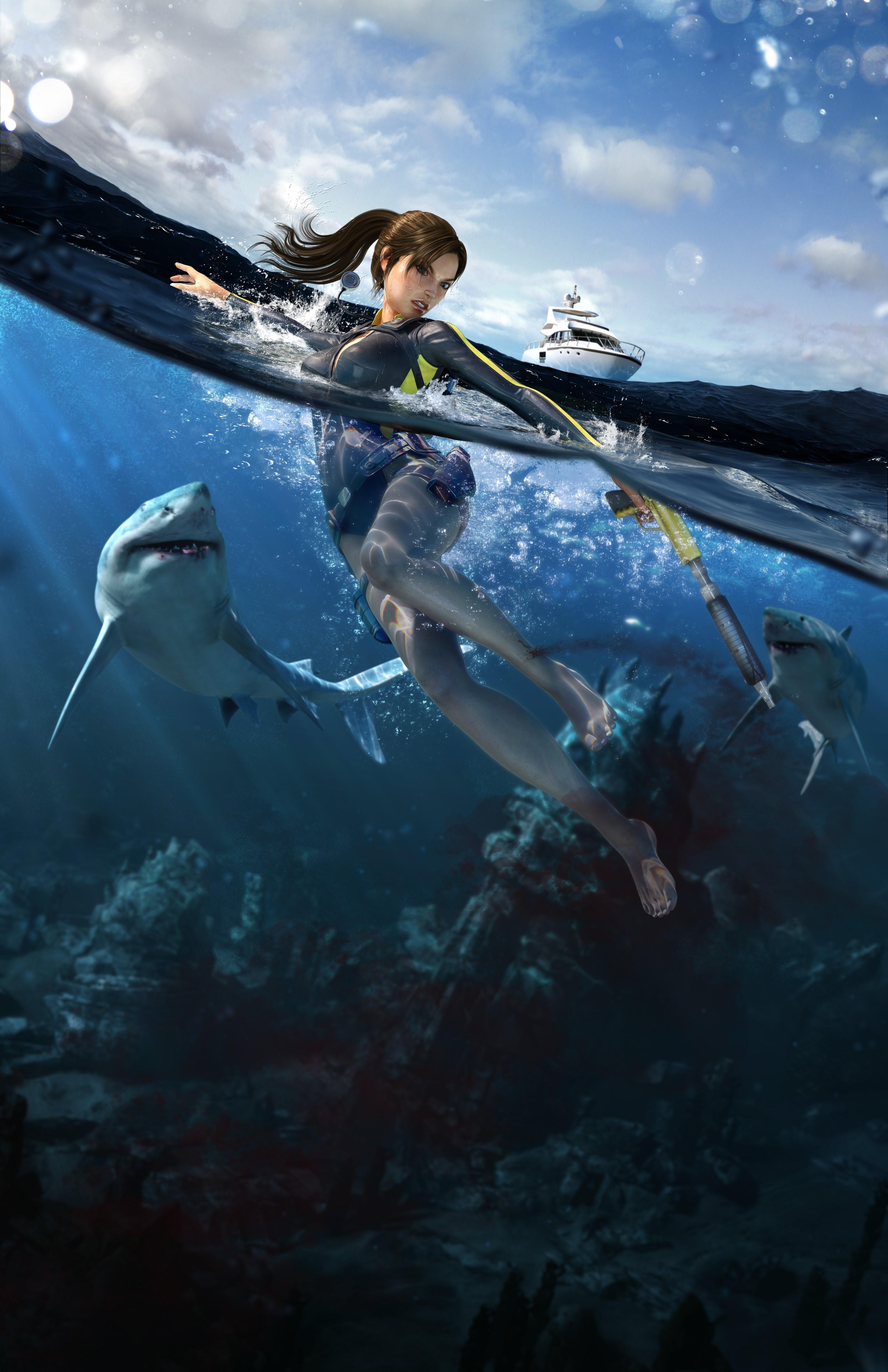 HD wallpaper, Lara Croft, Tomb Raider Underworld, Sharks, Water