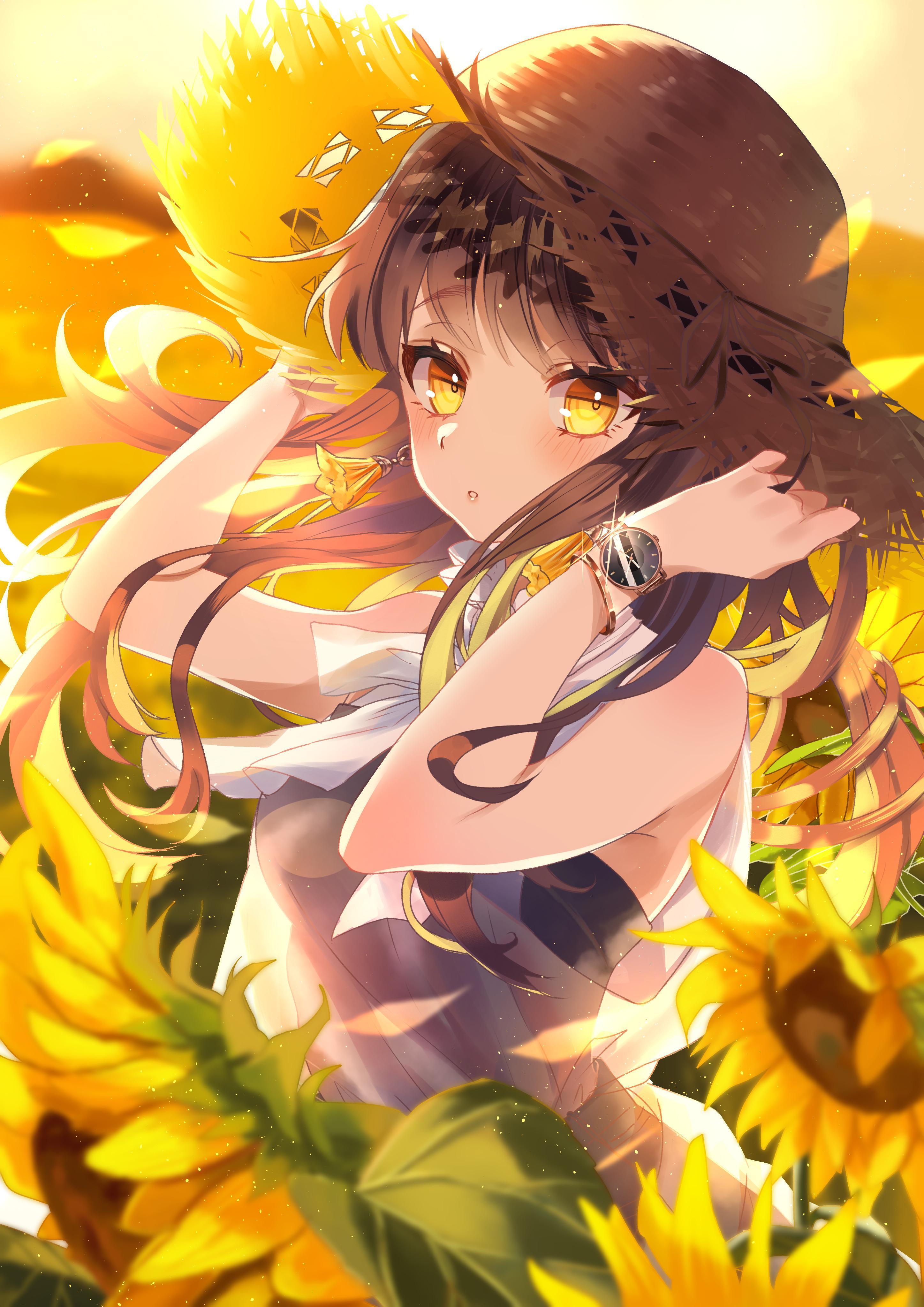 HD wallpaper, Original Characters, Yellow Eyes, Flowers, Anime, Brunette, Long Hair, Anime Girls, Straw Hat, Wristwatch, Sunflowers