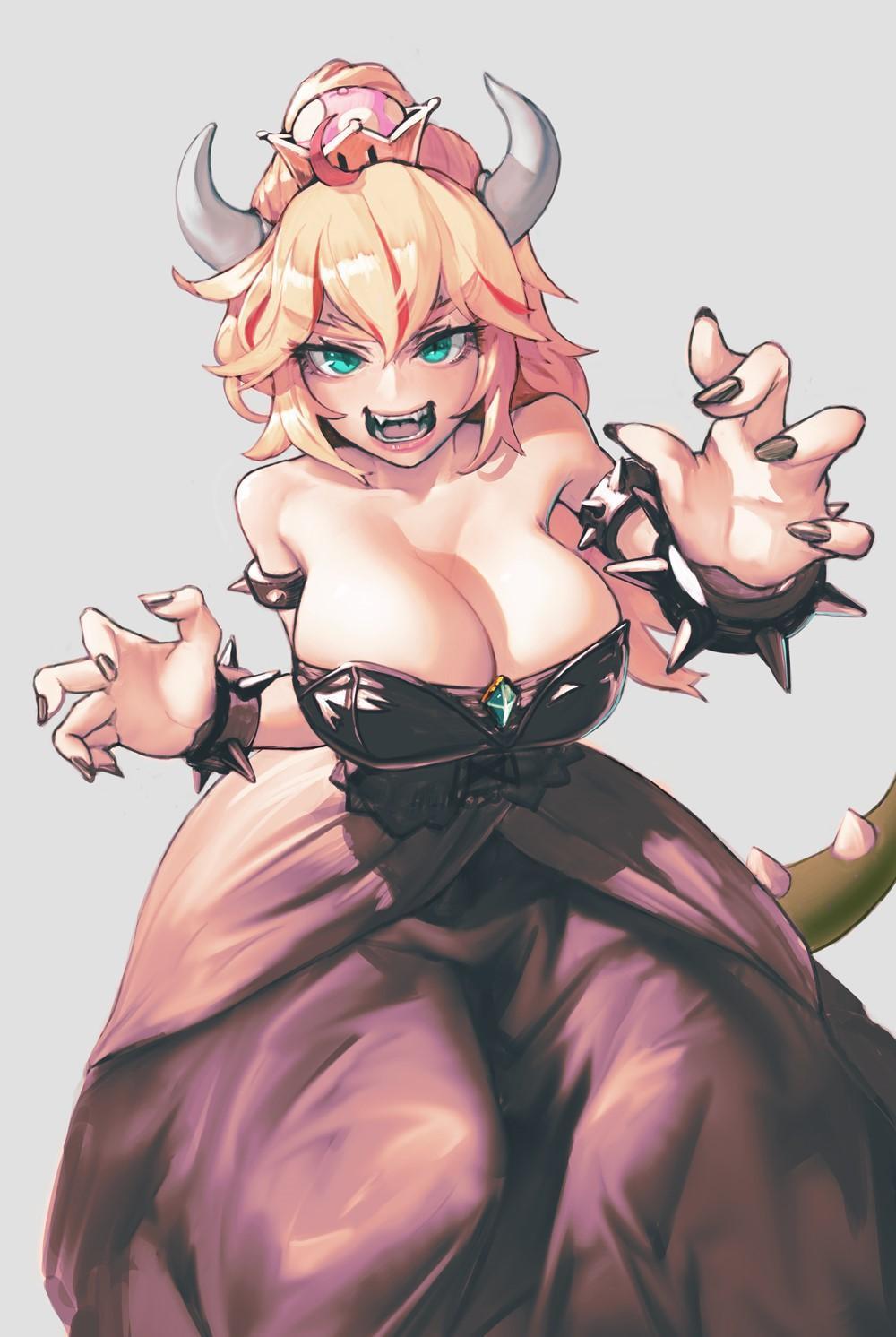 HD wallpaper, Dress, Cleavage, Anime, Frontal View, Long Nails, Bowsette, Wristband, Big Boobs, Spikes