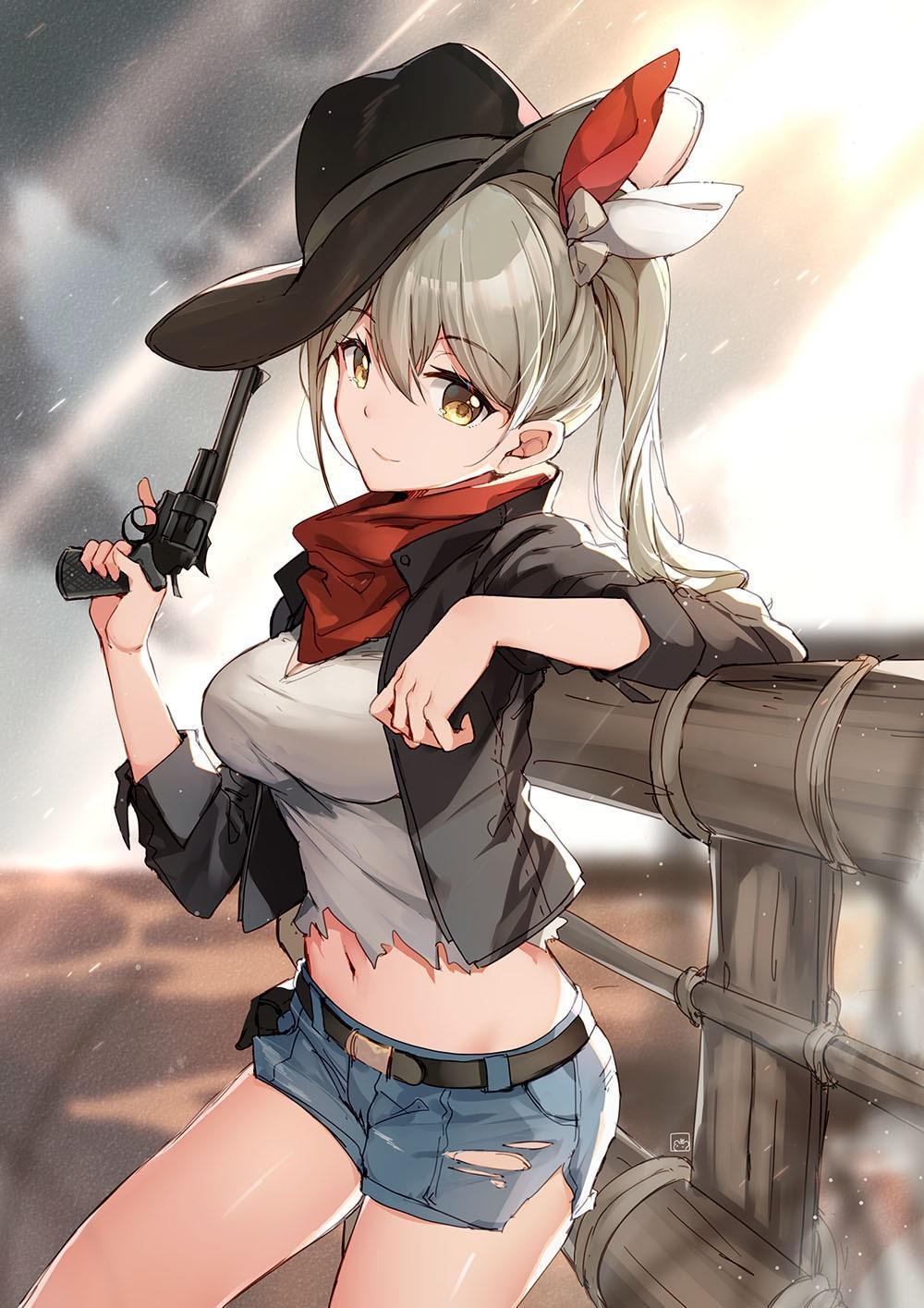 HD wallpaper, Anime Girls, Grey Hair, Artwork, Portrait Display, Gun, Cowgirl, Torn Clothes, Short Shorts, Anime, Digital Art, Bison Cangshu, 2D, Looking At Viewer, Side Ponytail, Scarf, Revolver, Cowboy Hats, Jean Shorts, Yellow Eyes, Belly, Vertical