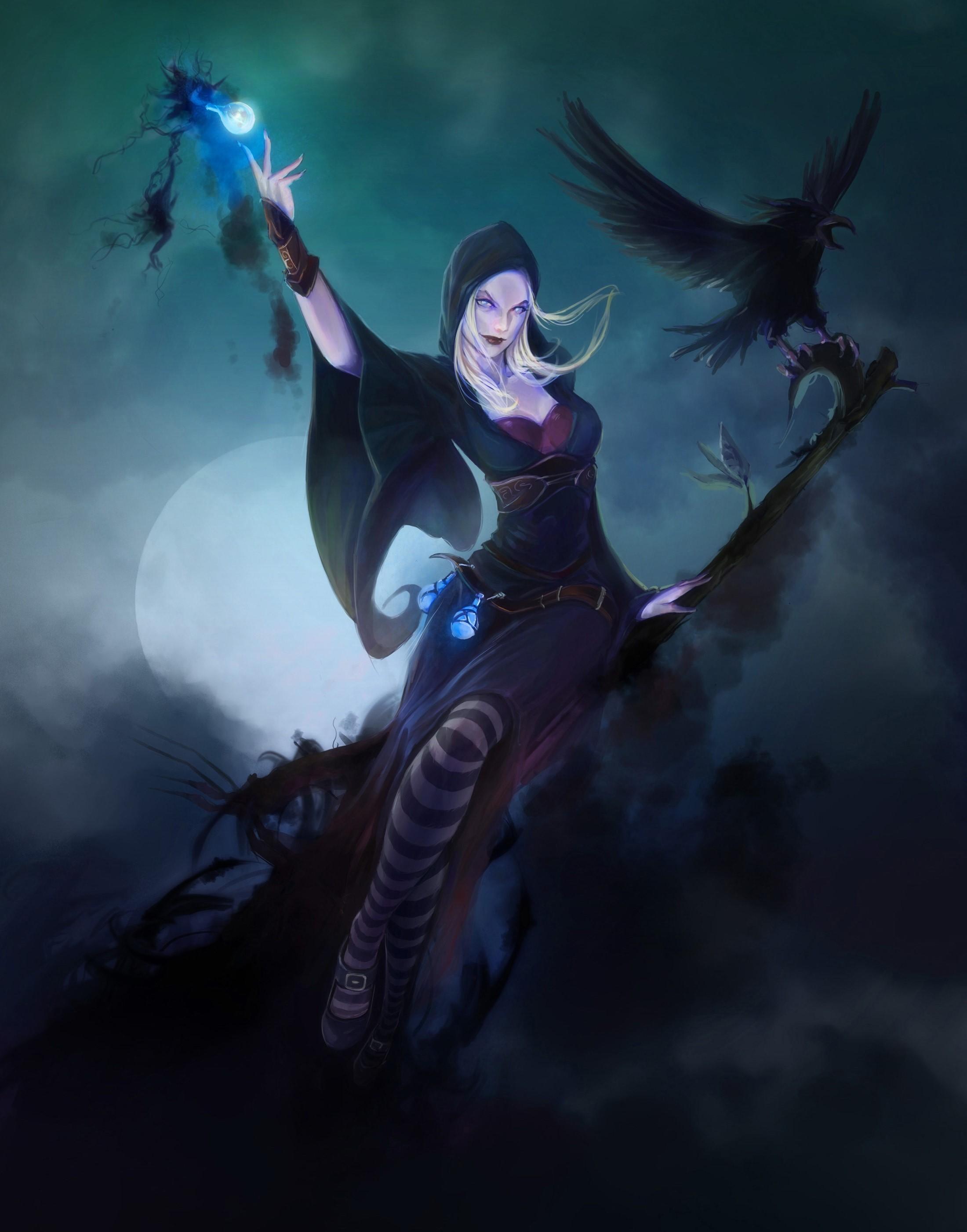 HD wallpaper, Crows, Night, Witch, Magic, Moon
