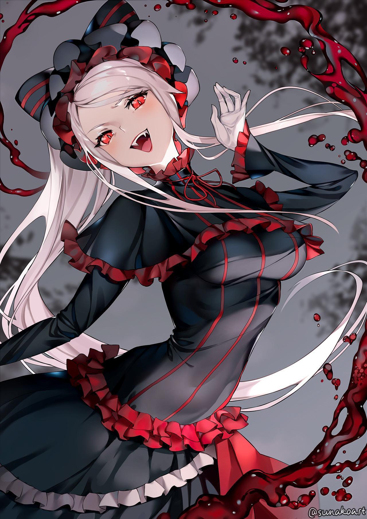HD wallpaper, Red Eyes, Fan Art, Black Dress, Blood, Overlord Anime, Open Mouth, Laughing, Anime Girls, Long Hair, Vertical, Grey Hair, Shalltear Bloodfallen, Small Boobs, 2D, Looking At Viewer, Vampires, Anime