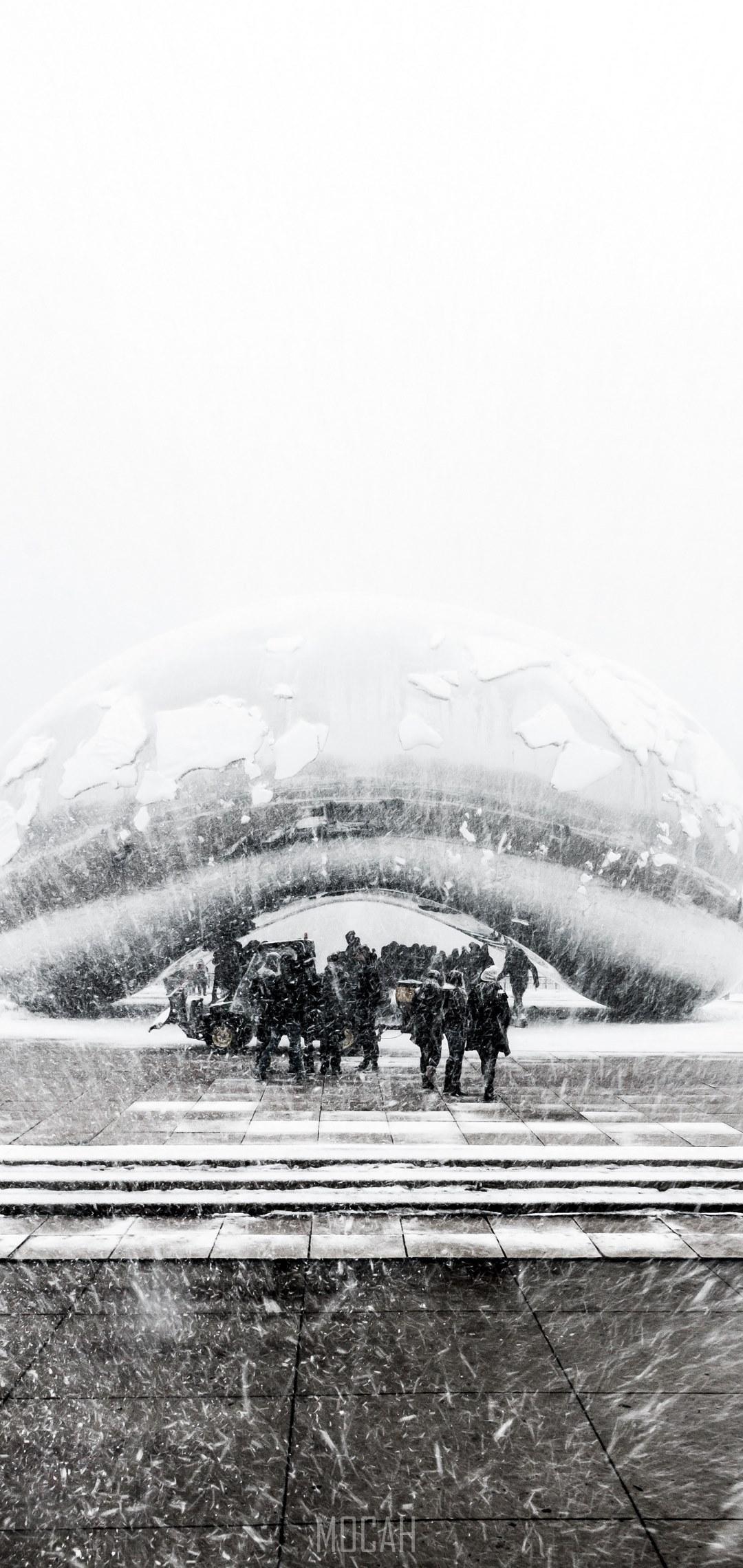 HD wallpaper, The Bean Snowy In March, Sharp Aquos R2 Compact Wallpaper Hd Download, 1080X2280, Black And White Shot Of Group Of People Standing Near Modern Sculpture In Heavy Snow Chicago