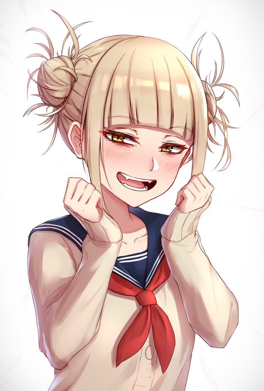 HD wallpaper, Blunt Bangs, Anime, Anime Girls, Vertical, Messy Hair, Long Hair, Open Mouth, School Uniform, Odango, Embarrassed, Fan Art, Small Boobs, Fangs, Jk, Blond Hair, Yellow Eyes, Simple Background, 2D, Yandere, Boku No Hero Academia, Looking At Viewer, Himiko Toga