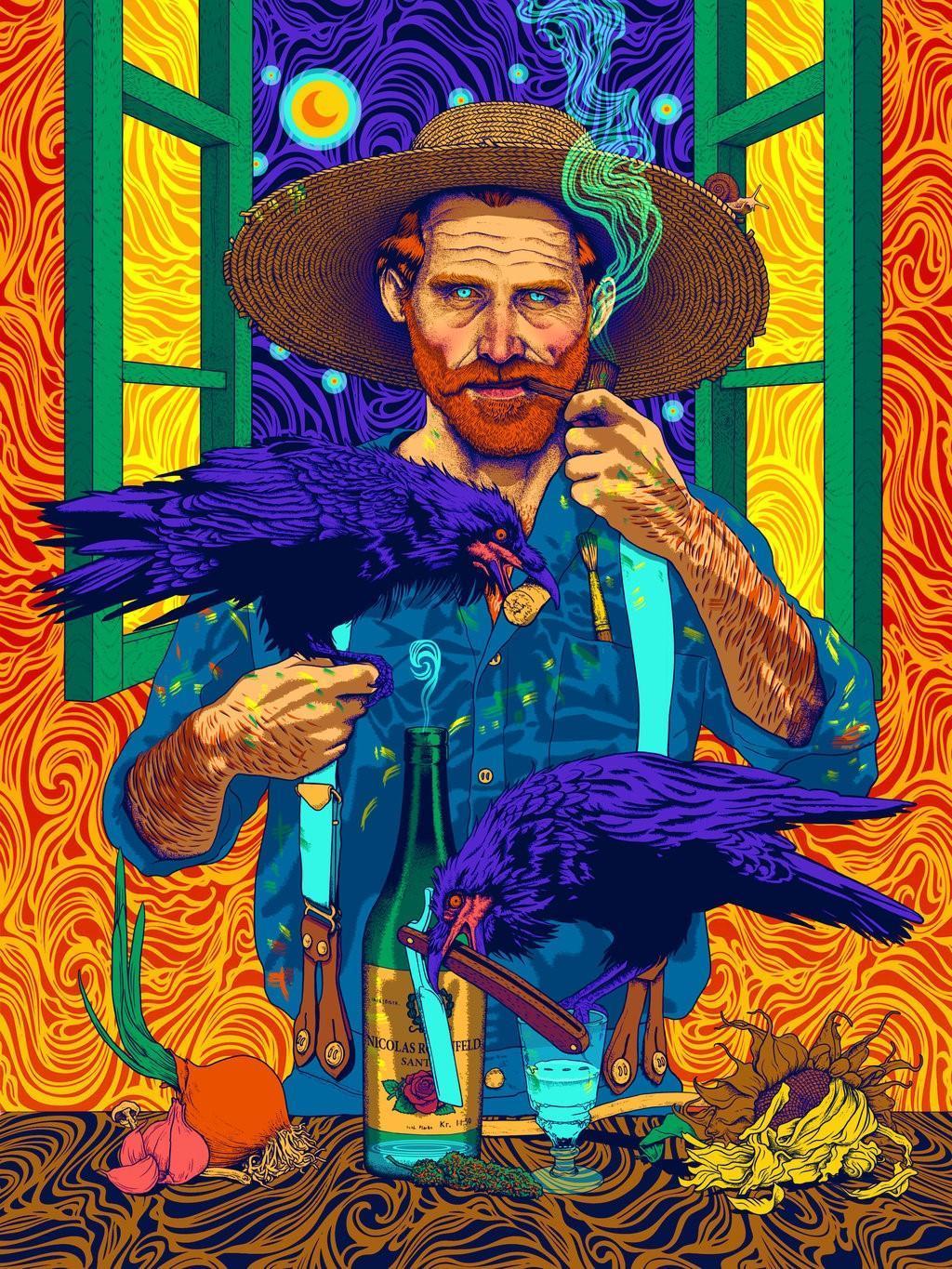 HD wallpaper, Smoking, Paint Brushes, Abstract, Psychedelic, Colorful, Sunflowers, Crow, Vincent Van Gogh