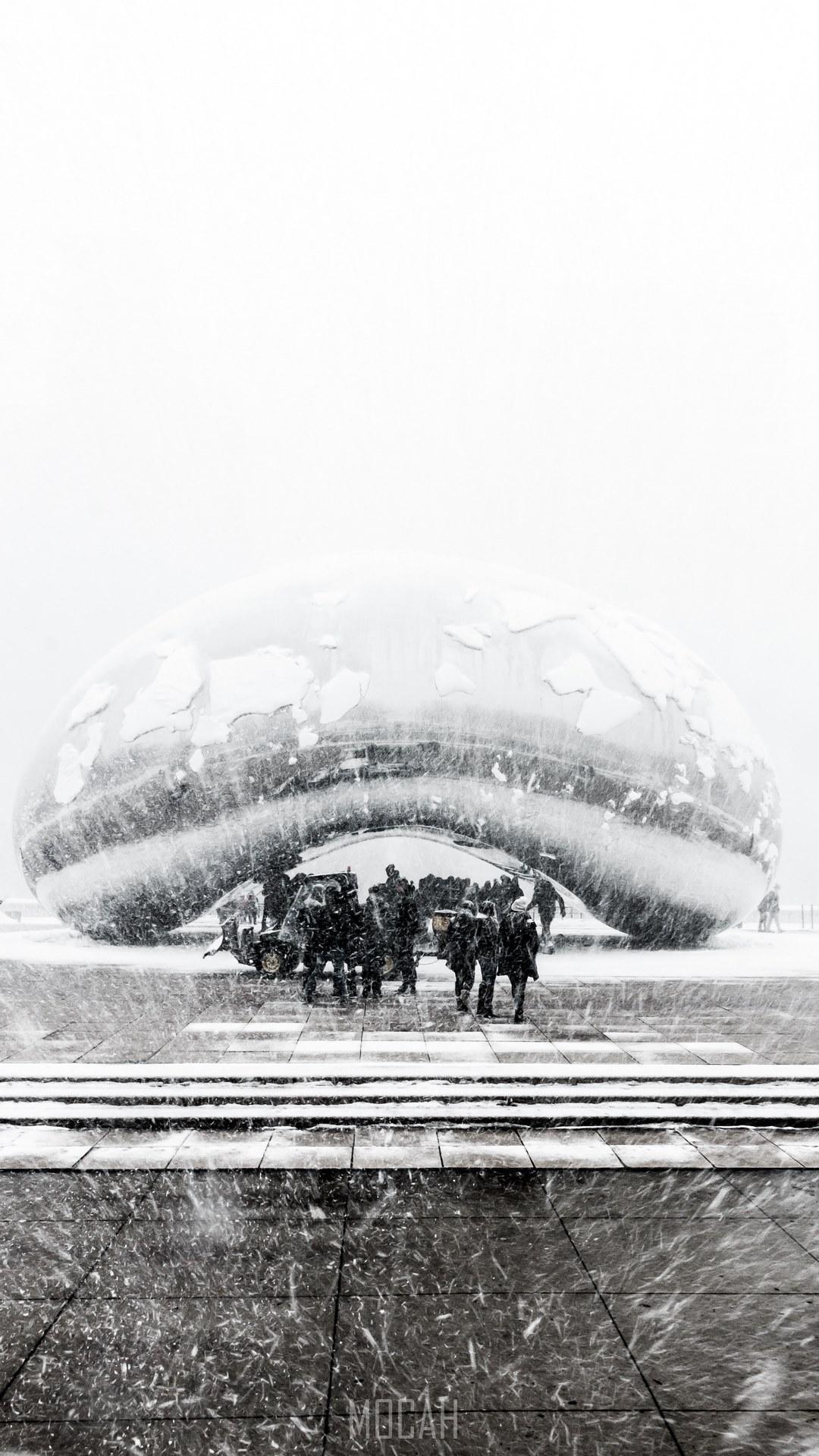 HD wallpaper, 1080X1920, Apple Iphone 6S Plus Background, The Bean Snowy In March, Black And White Shot Of Group Of People Standing Near Modern Sculpture In Heavy Snow Chicago