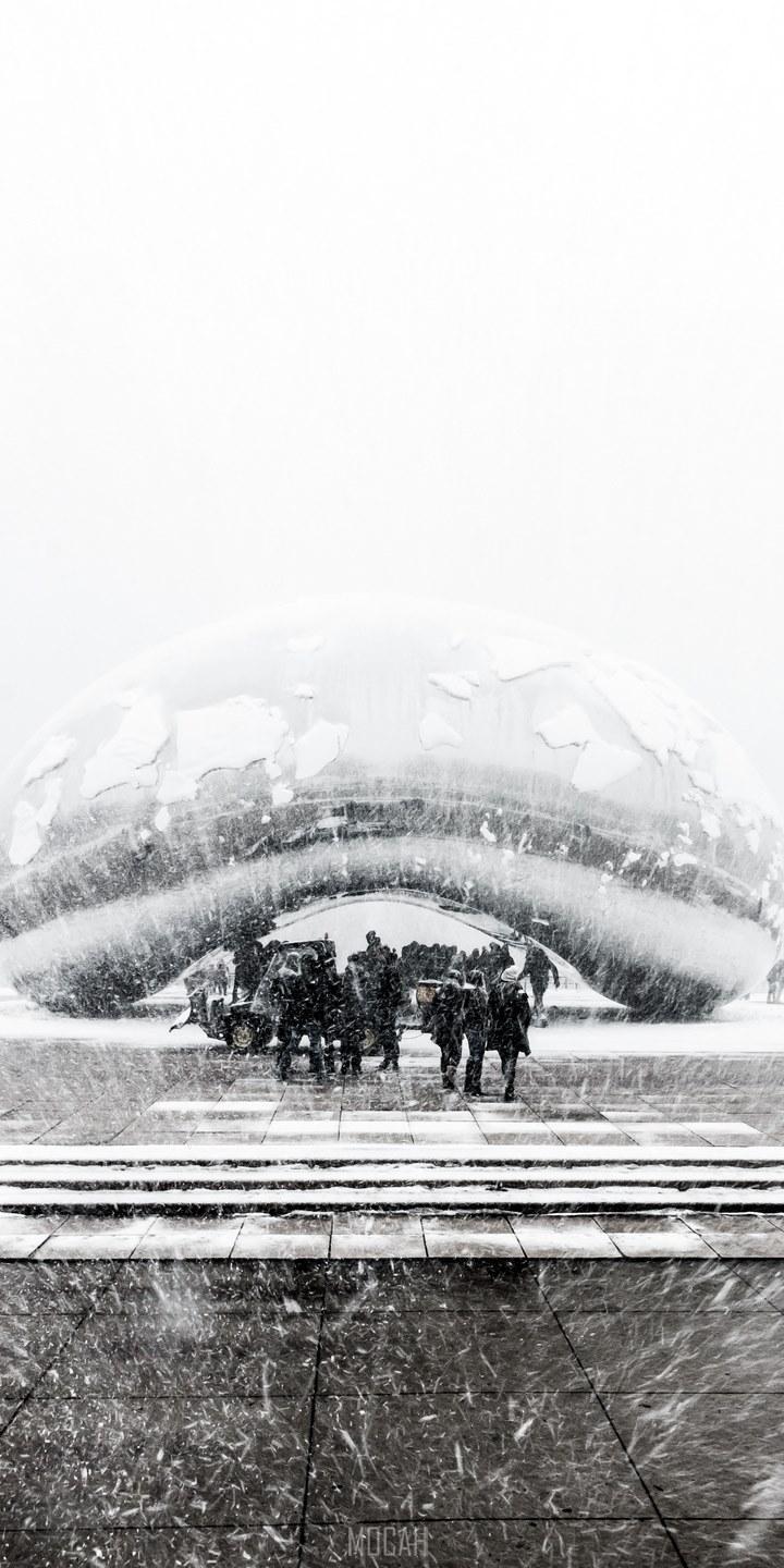 HD wallpaper, The Bean Snowy In March, Micromax Canvas Infinity Life Wallpaper Download, 720X1440, Black And White Shot Of Group Of People Standing Near Modern Sculpture In Heavy Snow Chicago