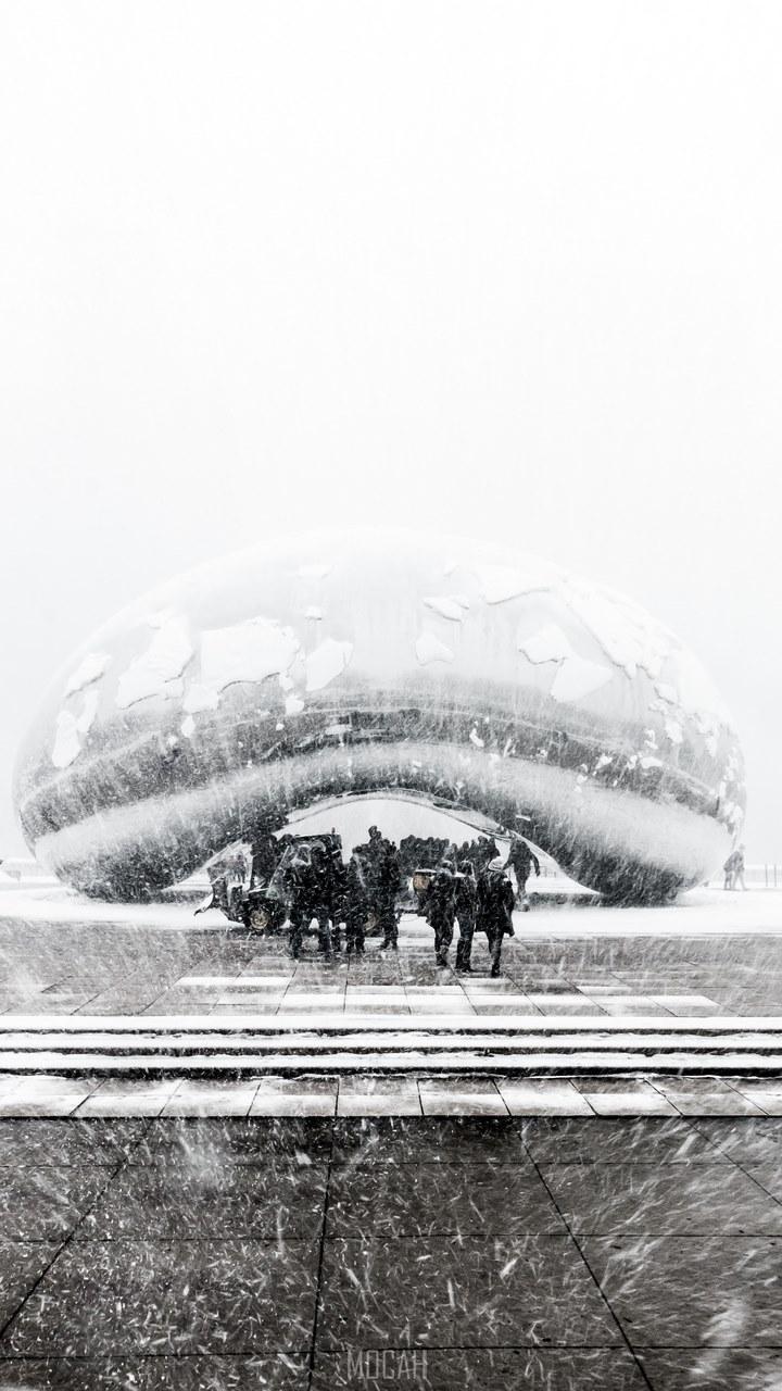 HD wallpaper, 720X1280, The Bean Snowy In March, Xiaomi Redmi 3 Pro Wallpaper 1080P, Black And White Shot Of Group Of People Standing Near Modern Sculpture In Heavy Snow Chicago