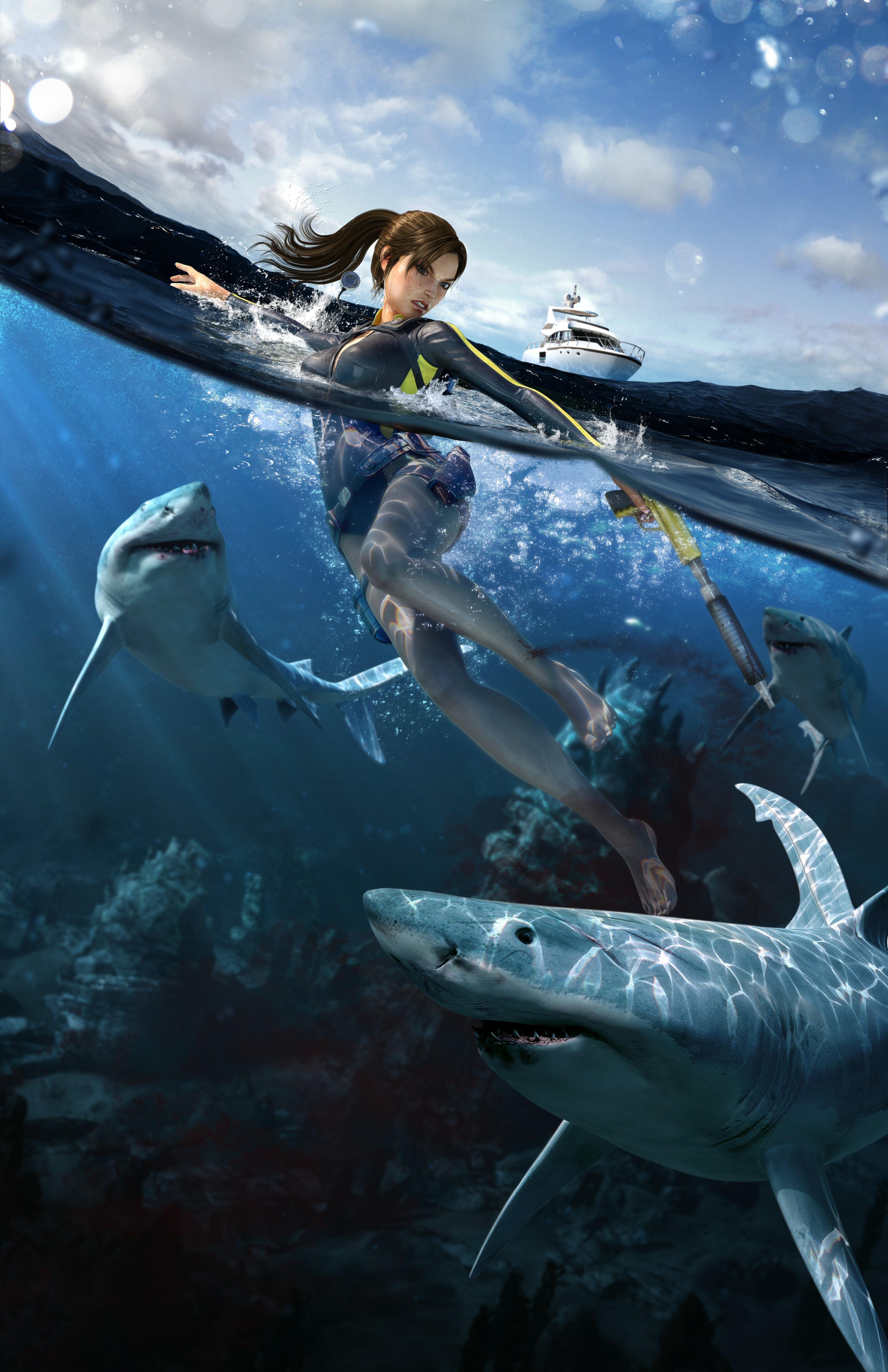 HD wallpaper, Tomb Raider Underworld, Lara Croft, Water, Sharks