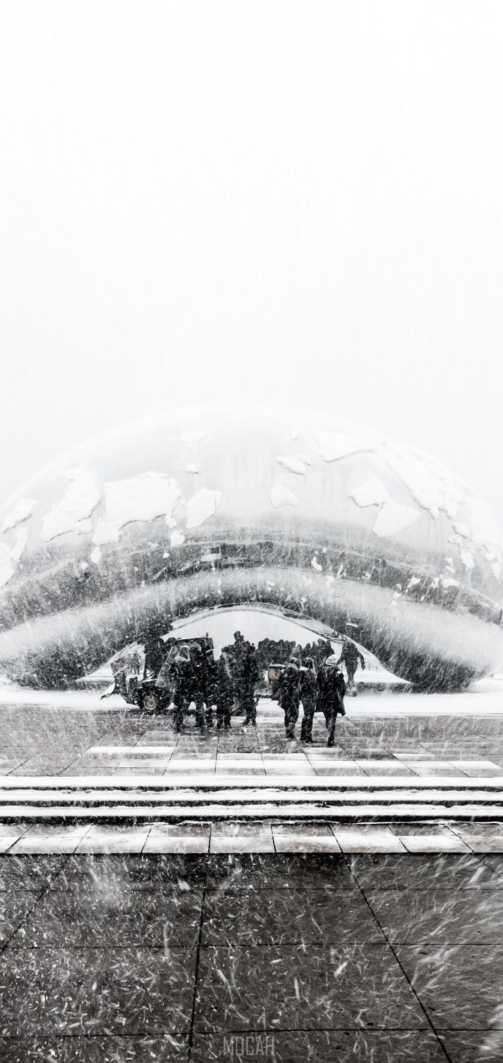 HD wallpaper, Vivo Y81 Full Hd Wallpaper, 720X1520, Black And White Shot Of Group Of People Standing Near Modern Sculpture In Heavy Snow Chicago, The Bean Snowy In March
