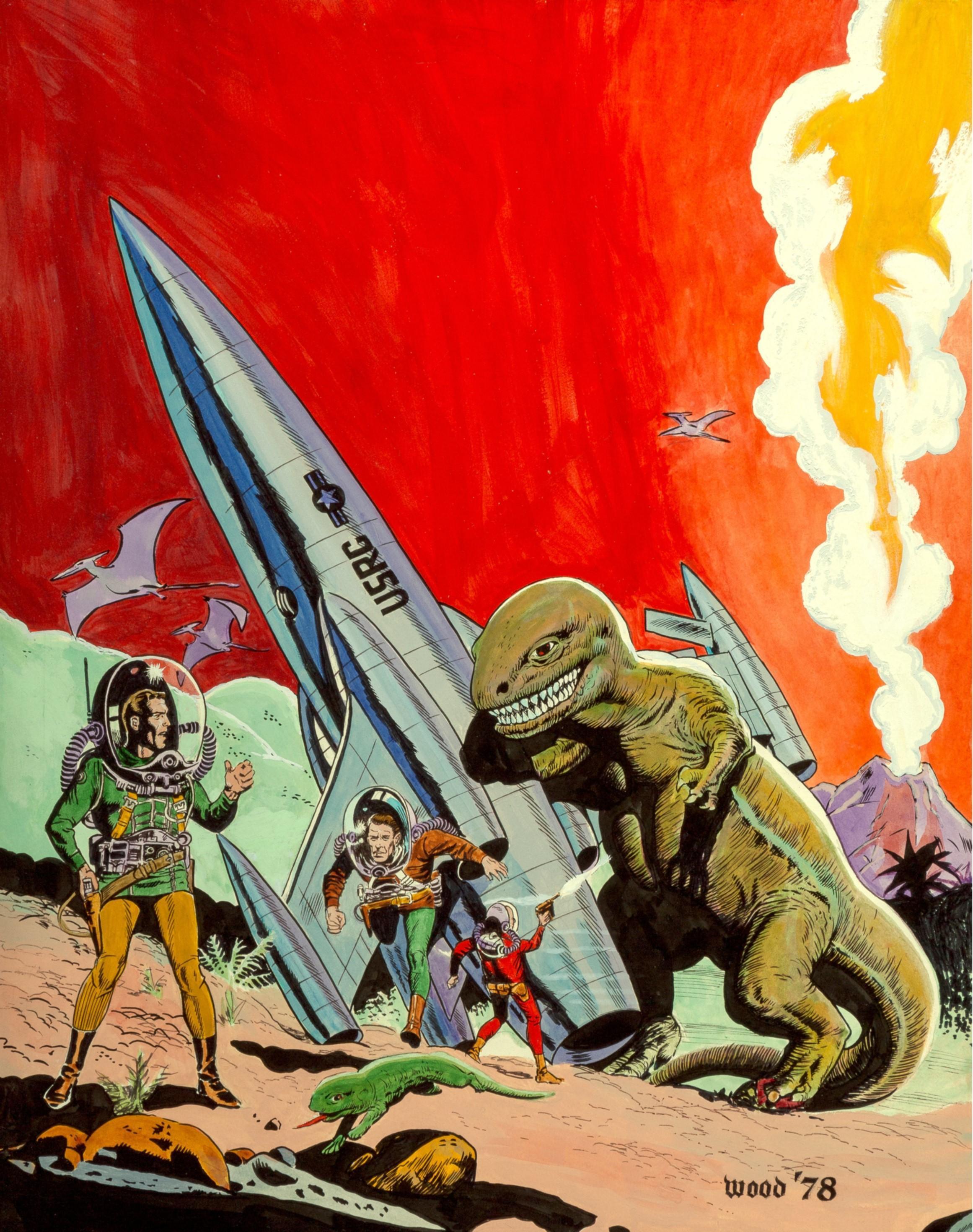 HD wallpaper, Wallace Wally Wood, Bubble Helmet, Rocket, Dinosaurs, Retro Science Fiction, Pulp Magazine, Science Fiction