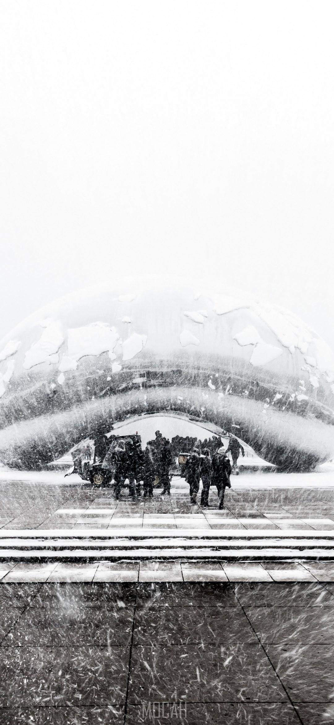 HD wallpaper, Zte Axon 11 4G Hd Download, 1080X2340, Black And White Shot Of Group Of People Standing Near Modern Sculpture In Heavy Snow Chicago, The Bean Snowy In March
