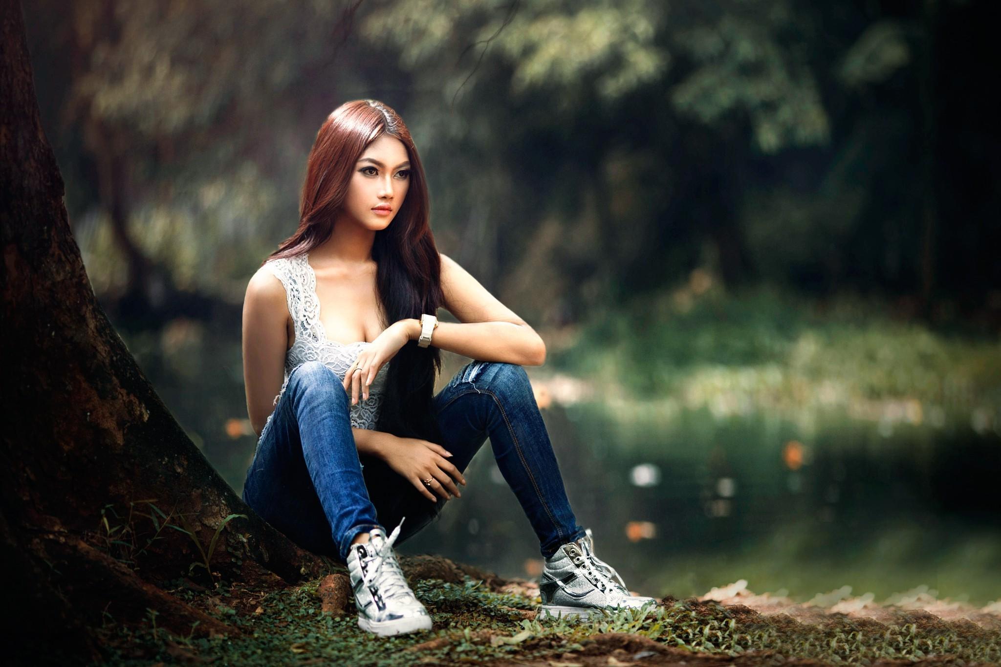 HD wallpaper, Asian Women Outdoors Model Sitting Redhead Women Long Hair Jeans Shoes