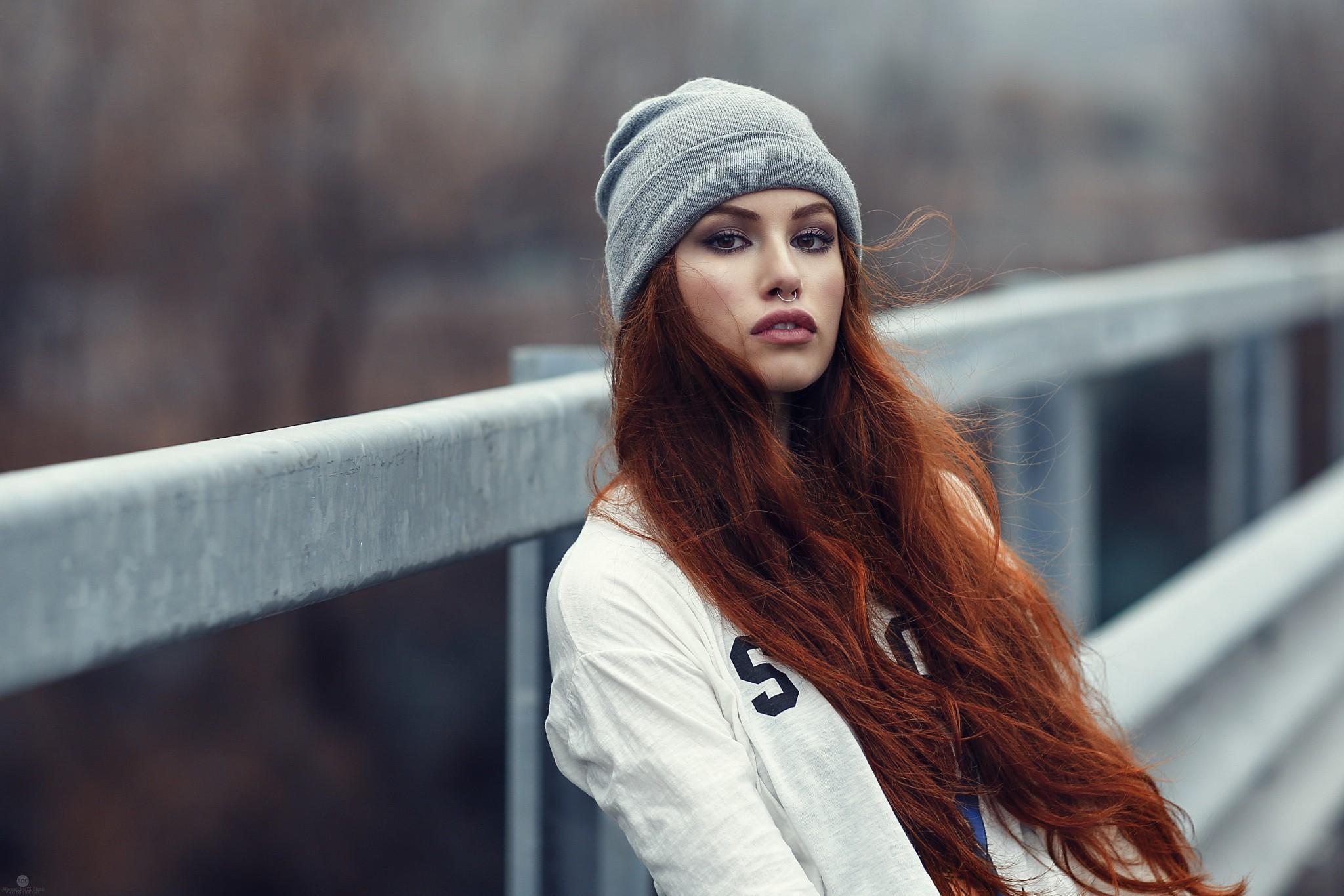 HD wallpaper, Valentina Galassi, Depth Of Field, Face, Portrait, Redhead, Women Outdoors, Alessandro Di Cicco, Pierced Nose, Women, Brown Eyes, Smoky Eyes