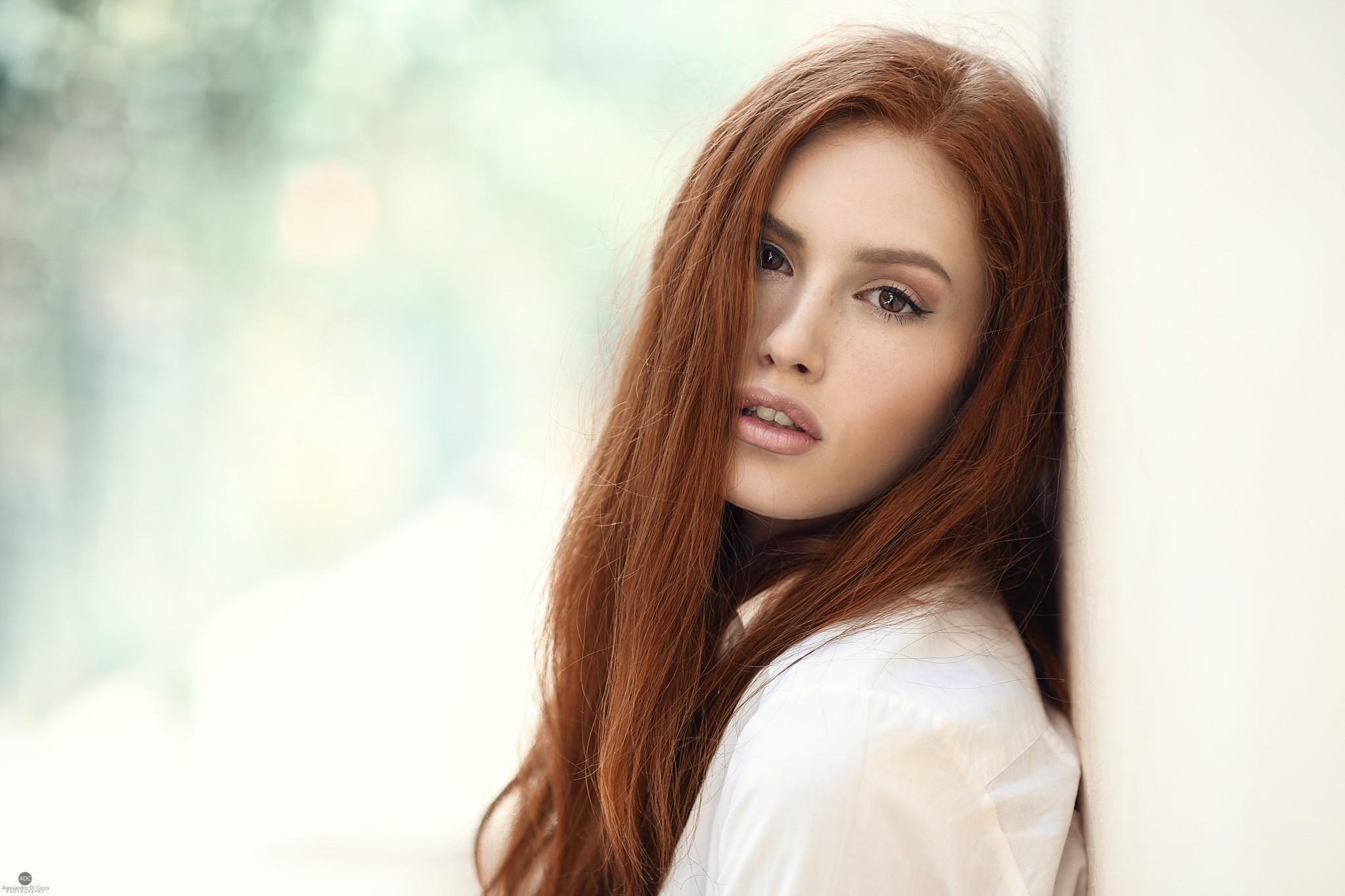 HD wallpaper, Open Mouth, Juicy Lips, Brown Eyes, Redhead, Valentina Galassi, Alessandro Di Cicco, Face, White Clothing, Model, Women, Portrait