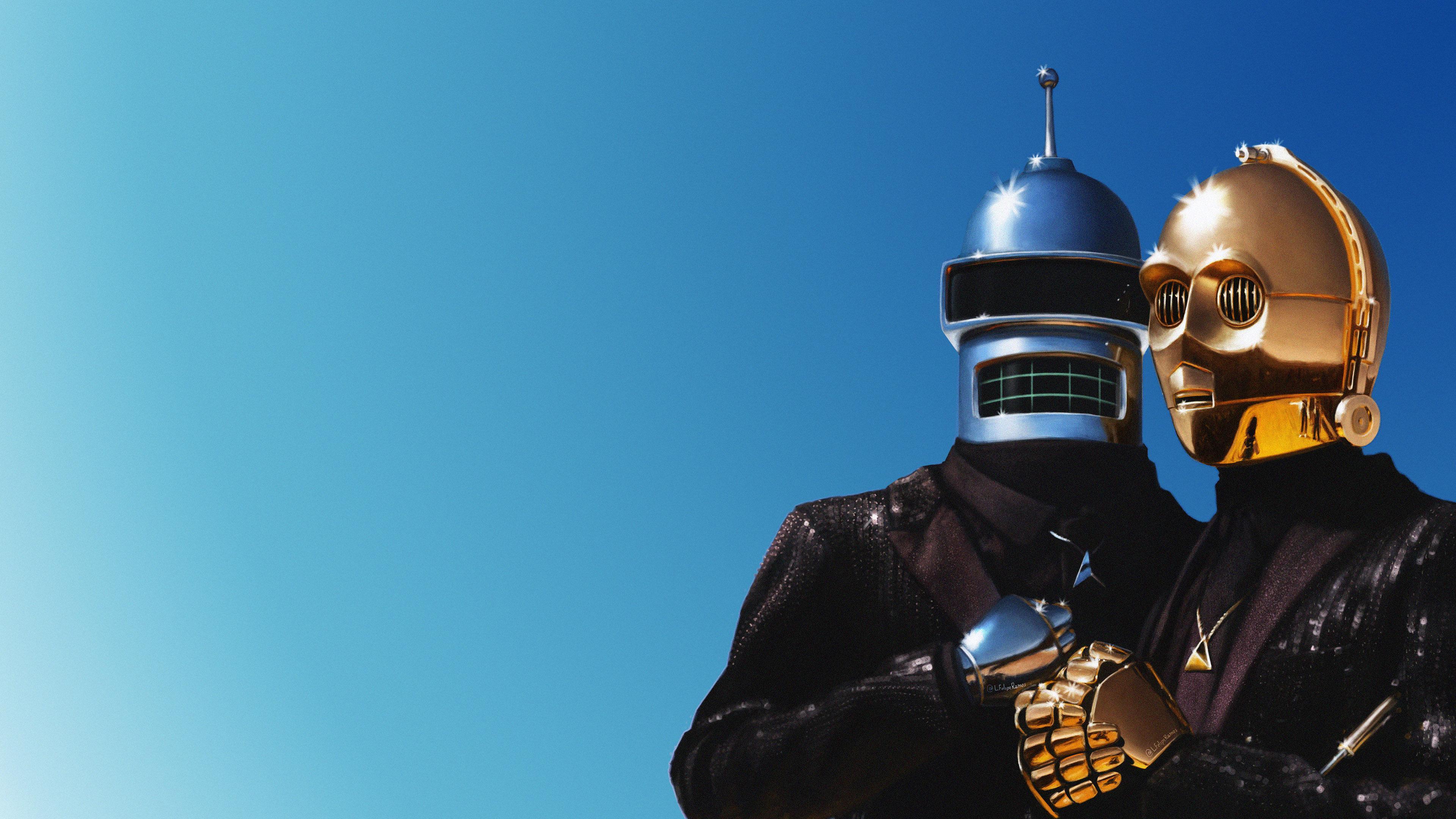 HD wallpaper, C 3Po, Daft Punk, Bender, Blue, Music, Silver, Android C3Po, Yellow, Sky, Gold