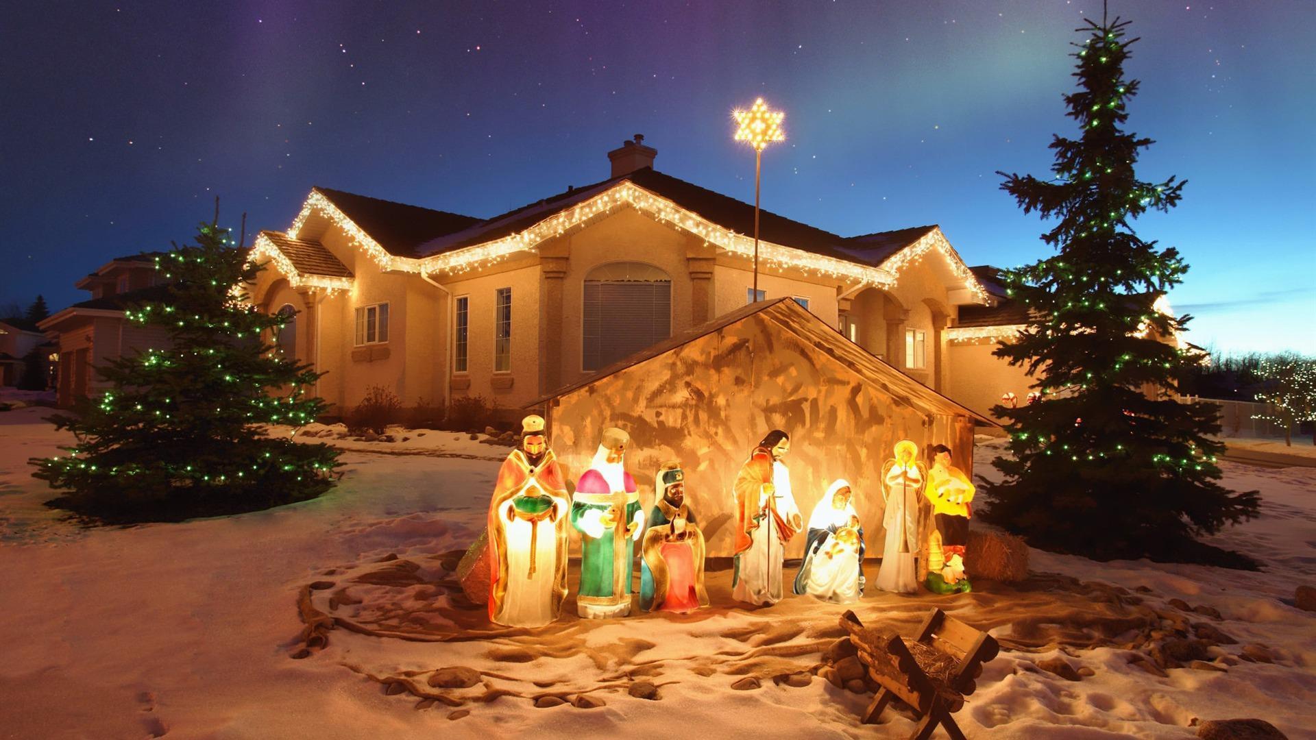 HD wallpaper, House, Nativity, Christmas Lights, Star, Christmas Nativity, Snow, Tree