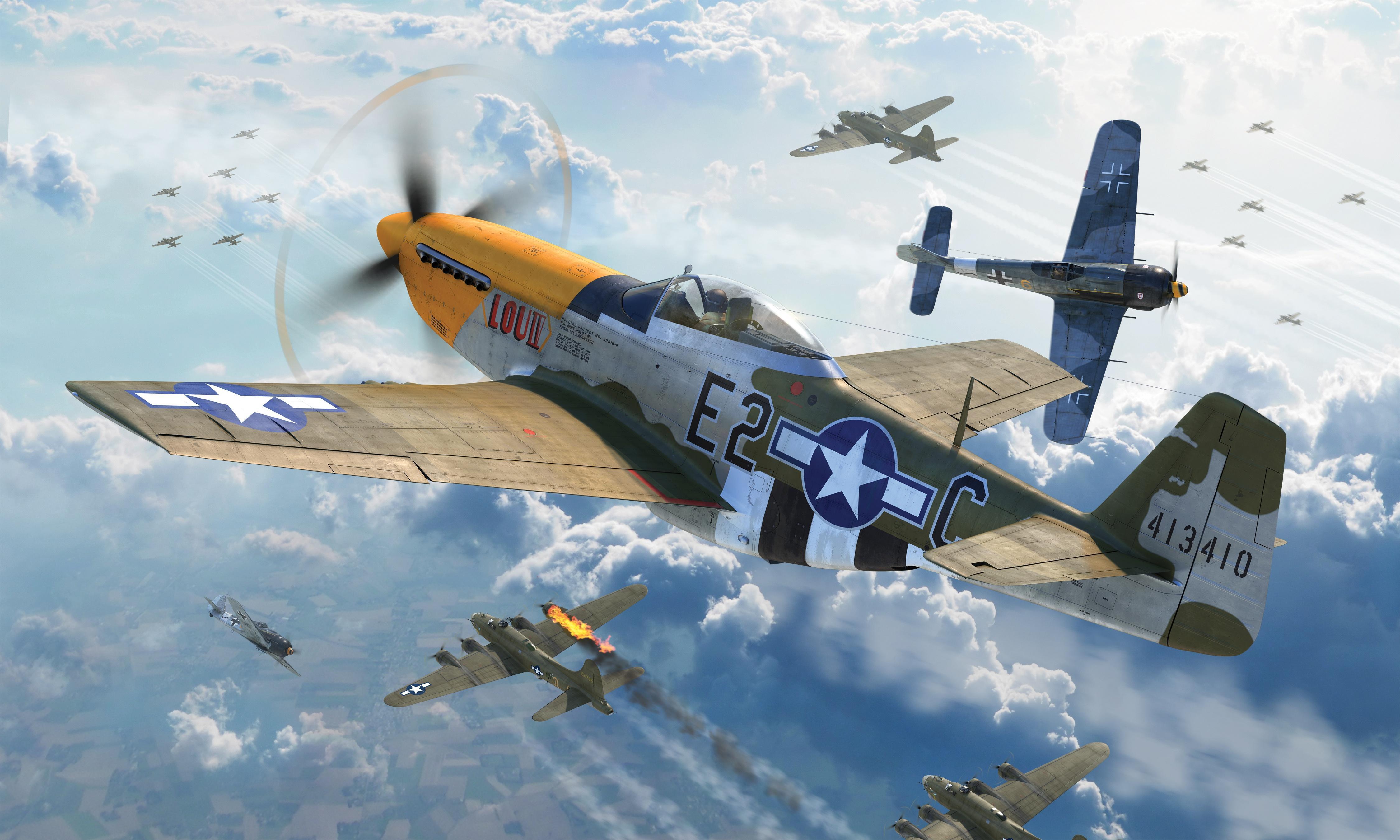 HD wallpaper, Battle, Aircraft, Warplane, Wwii Dogfight Between P 51 Mustang And Focke Wulf Fw 190